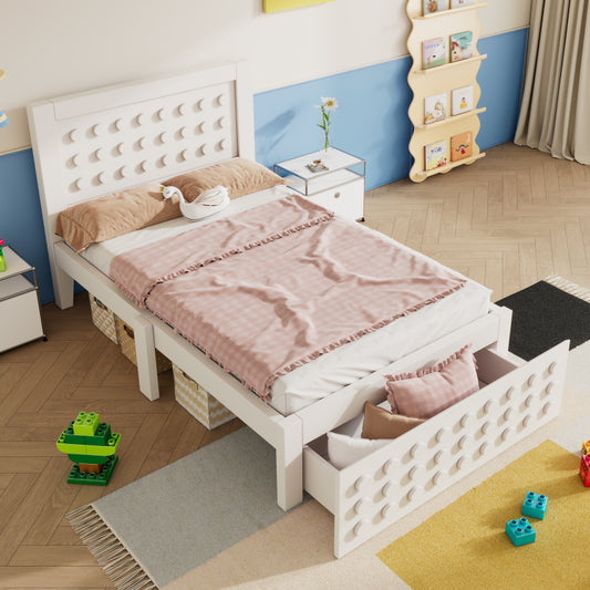 Holzbett Einzelbett 90x190 cm, Kinderbett Jugendbett mit Kreativem Block Design, Massivholz Bettgestell mit Lattenrost, mit Schubladen & Unterm Bett Stauraum, Weiß, Ohne Matratze