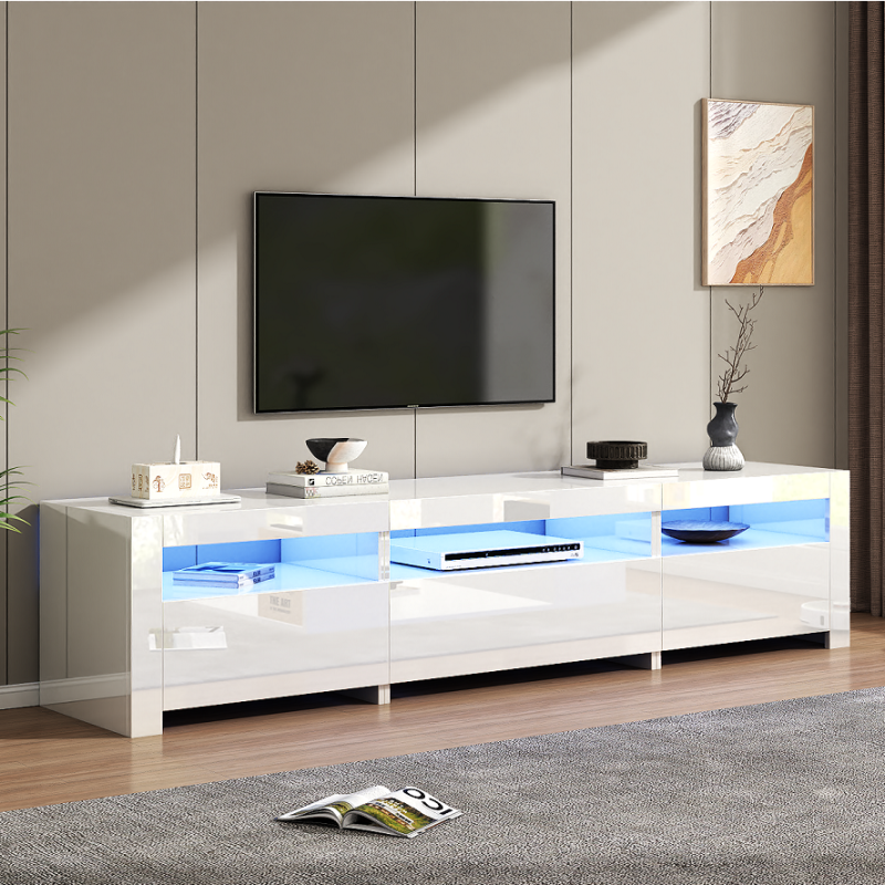 Weißer Hochglanz-TV-Schrank mit LED-Beleuchtung und Stauraum, weißes niedriges Paneel, bietet Platz für 80-Zoll-Fernseher, TV-Unterschrank mit herunterklappbarer Schranktür, 190 x 24 x 40 cm