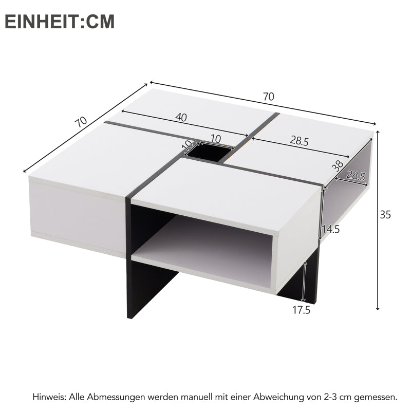 Moderner quadratischer Couchtisch 70x70x35cm – Schwarz-Weiß Design, 5 offene Fächer, mittleres Staufach 10x10cm, stabiler 30KG Tragkraft,Weißer quadratischer Couchtisch