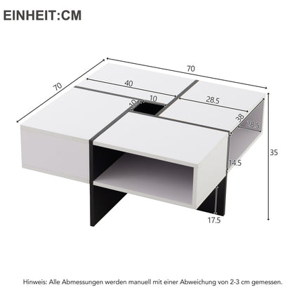 Moderner quadratischer Couchtisch 70x70x35cm – Schwarz-Weiß Design, 5 offene Fächer, mittleres Staufach 10x10cm, stabiler 30KG Tragkraft,Weißer quadratischer Couchtisch