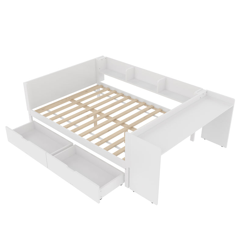 Flachbett, Holzbett, 140x200cm, mit Schreibtisch, ausgestattet mit 2 Schubladen, Doppelbett(Ohne Matratze), mit Regalen, Kiefer + Spanplatte, weiß