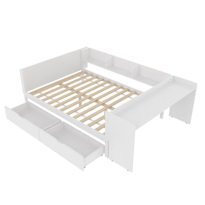 Flachbett, Holzbett, 140x200cm, mit Schreibtisch, ausgestattet mit 2 Schubladen, Doppelbett(Ohne Matratze), mit Regalen, Kiefer + Spanplatte, weiß