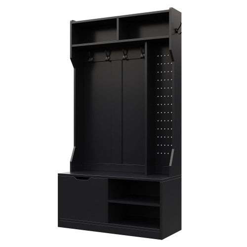 Garderobenset, Komplett-Set Flurgarderobe mit Sitzbank, 6 Haken, 1 Türen & 4 Offener Lagerraum, Schwarz