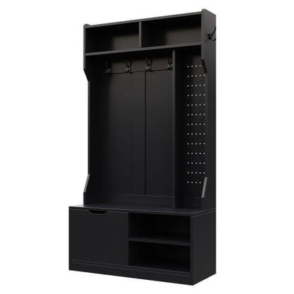 Garderobenset, Komplett-Set Flurgarderobe mit Sitzbank, 6 Haken, 1 Türen & 4 Offener Lagerraum, Schwarz