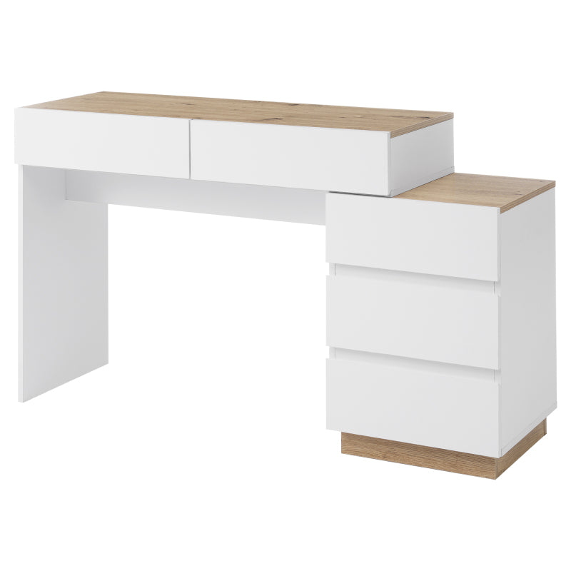 Schreibtisch mit 5 Schubladen,Frisiertisch, Funktion von Aufbewahrung, für Schlafzimmer , E1-Spanplatte, weiß+oak