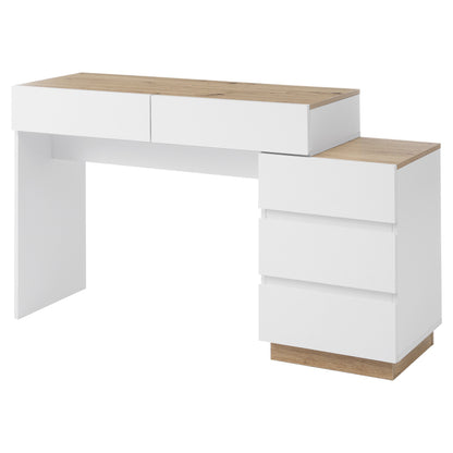 Schreibtisch mit 5 Schubladen,Frisiertisch, Funktion von Aufbewahrung, für Schlafzimmer , E1-Spanplatte, weiß+oak