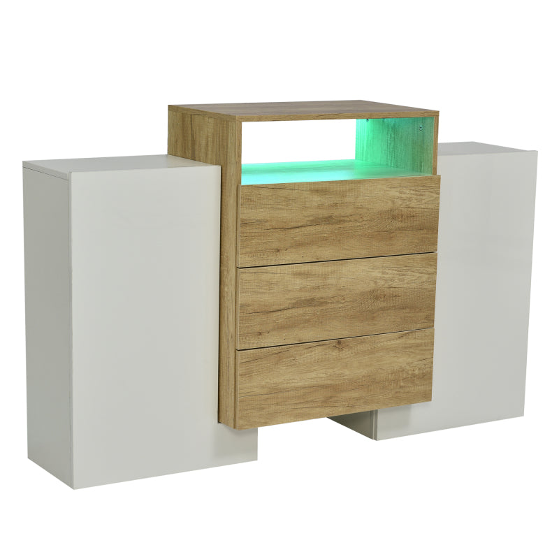 Sideboard, Moderner Kommode, Schrank 140cm, Hochglanz-Weiß und Holzfarbe, Mehrfarbige LED-Lichteffekte. Stilvolle Aufbewahrungslösung (Teilweise glänzende Oberfläche)