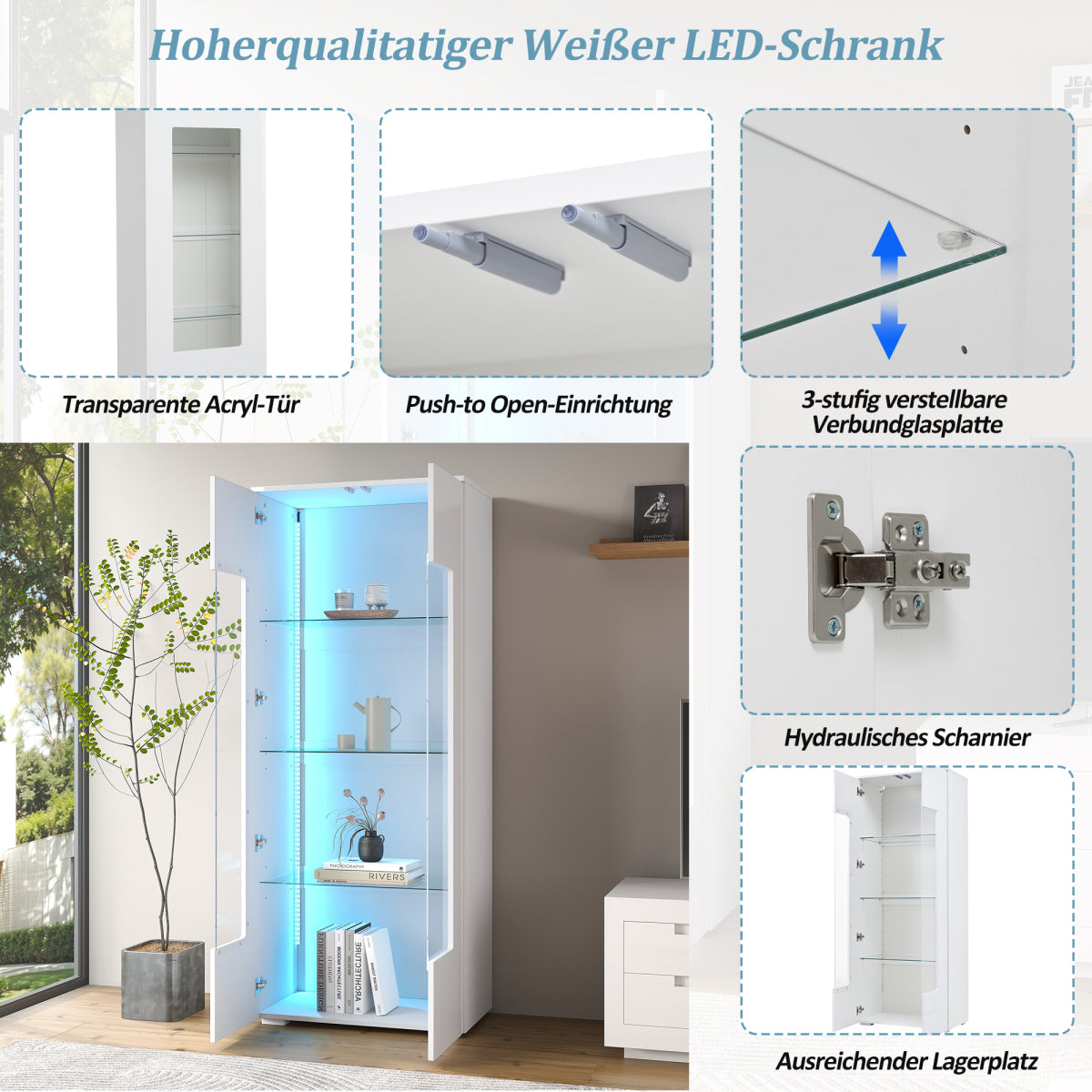 Vitrine LED App-Steuerung, 173 cm, Hochglanz Weiß, Acryl/Glas, Kippschutz