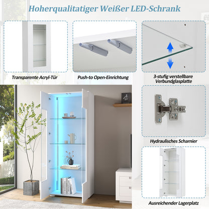 Vitrine LED App-Steuerung, 173 cm, Hochglanz Weiß, Acryl/Glas, Kippschutz