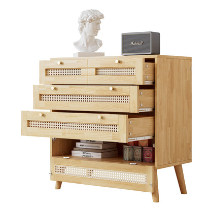 Klassische Kommode, Schrank mit 3 Schubladen, mit Rattan-Schubladenplatte, mit unterem Flip-Top-Deckel, mit goldfarbenem Metallgriff und Holzbeine, Stauraum im Wohnzimmer und Schlafzimmer, Spanplatten