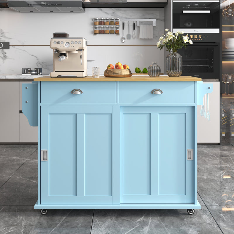 Esswagen/Anrichte, 112x40(70)x94 cm, Blau, Klappbare Massivholzoptik-Arbeitsplatte, mit Ablagetür, Rollen & Auswechselbaren Massivholzfüßen, für Küche & Esszimmer
