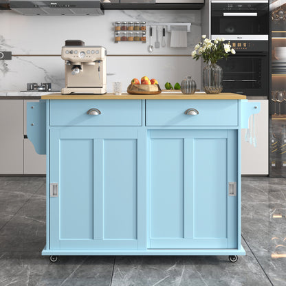 Esswagen/Anrichte, 112x40(70)x94 cm, Blau, Klappbare Massivholzoptik-Arbeitsplatte, mit Ablagetür, Rollen & Auswechselbaren Massivholzfüßen, für Küche & Esszimmer