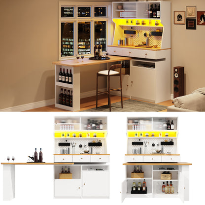 Küchenschrank 137x45x178cm hohes Küchenbuffet mit LED-App-Steuerung, Ausziehbarer Tischplatte & Stecktafel, Mehrzweckschrank MDF Weiß/Holz