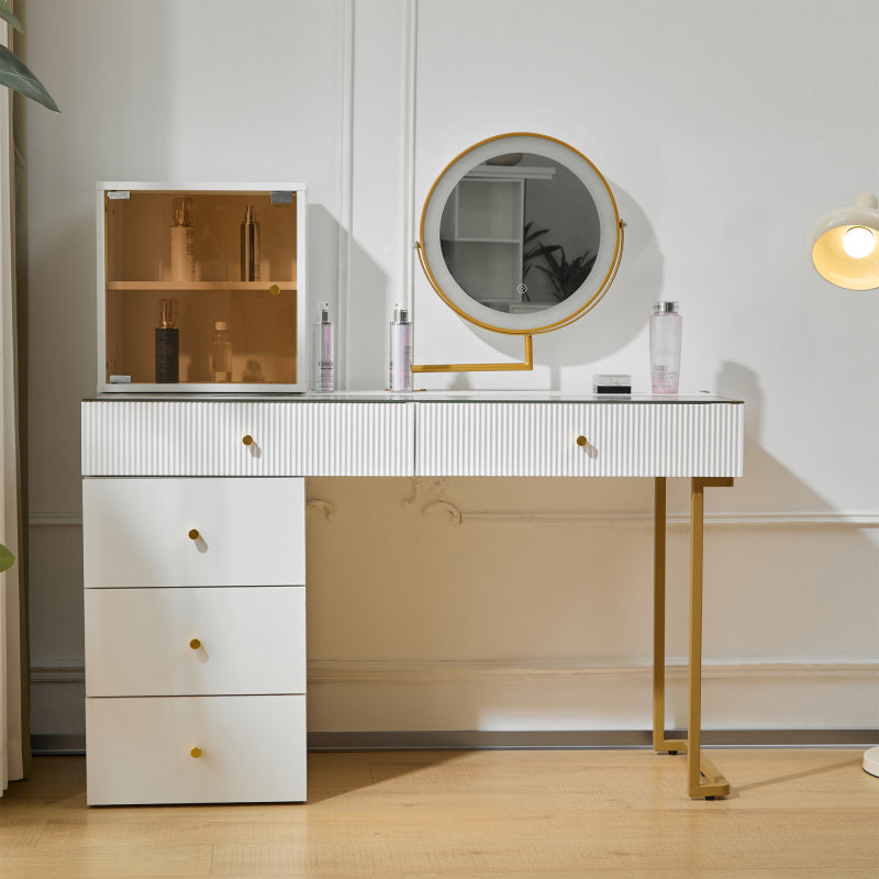Schminktisch-Set mit LED-beleuchtetem Spiegel, transparenter Tischplatte aus gehärtetem Glas, Schminktisch-Seite und Schrank, elegante Möbel, weiß, Maße: 120 x 45 x 115 cm(ohne Hocker)