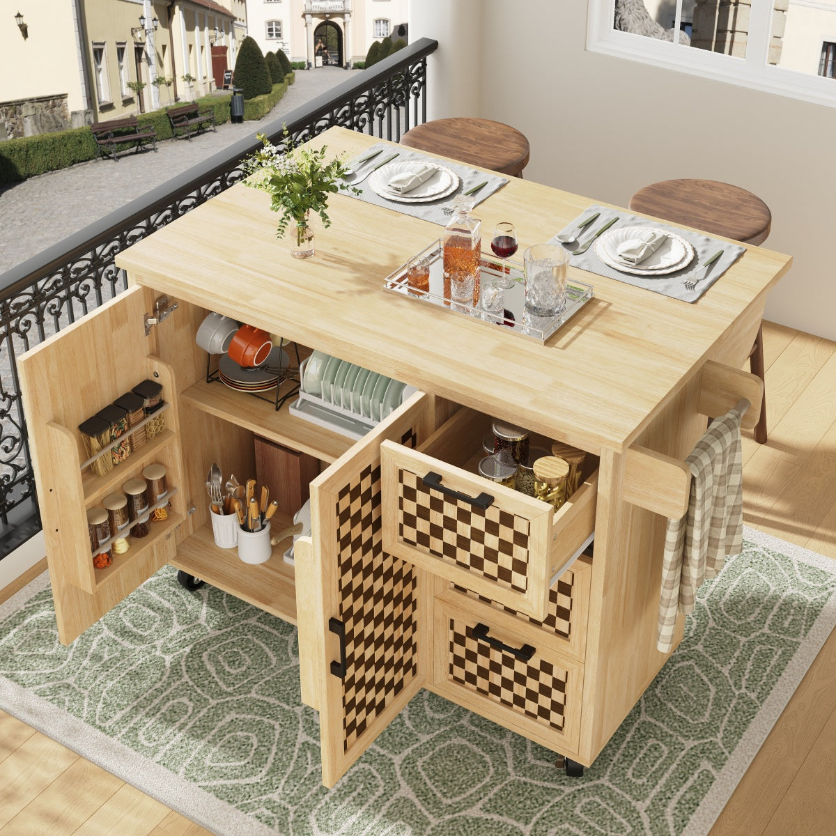 Kücheninsel 120x75cm klappbar Servicewagen mit Rollen, Buffetschrank Natur Holzoptik, Schachbrettmuster, 3 Schubladen & Handtuchhalter