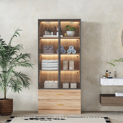 Badezimmerschrank, mittel, mit Lichtleiste, 75 cm breit, mit 2 großen Schubladen und 2 Türen, Glastür