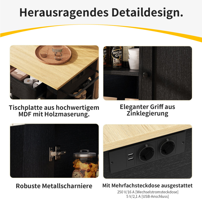 Kücheninsel, Küchenwagen mit Steckdosenleiste ausgestattet, Küchenschrank, Servierwagen mit arbeitsplatte, buffetschrank, Speisewagen mit Holzmaserung, buffetschrank,Schwarz