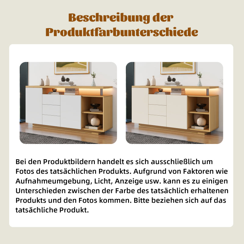 Multifunktionales Sideboard, Länge 140 cm, weiß und Holzimitat - 2 Türen, 3 Schubladen, 2 offene Fächer, mit LED-Beleuchtung