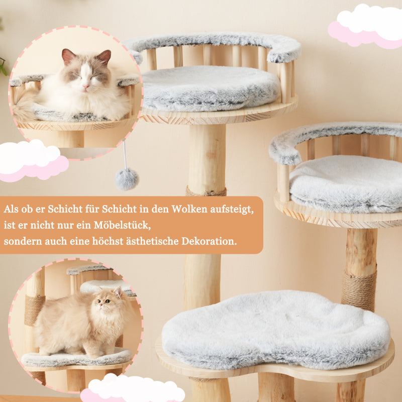 Designer Katzenklettergerüst aus Massivholz - 98 cm hoch, 3-stufiges Sprungbrett, abnehmbare Kissen und Spielbälle, Wolkenoptik-Imitation