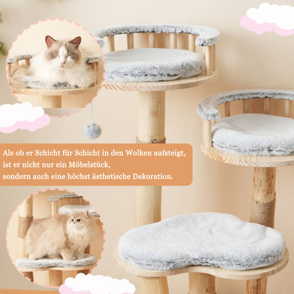 Designer Katzenklettergerüst aus Massivholz - 98 cm hoch, 3-stufiges Sprungbrett, abnehmbare Kissen und Spielbälle, Wolkenoptik-Imitation