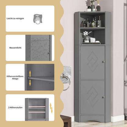 Badschrank, Badmöbel, Eckschrank mit zwei Ablagefächern, offenes Fach mit verstellbarem Einlegeboden, 36.5x 36.5 x 155 cm, hellgrau