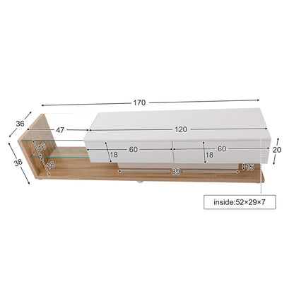 TV-Schränke, Lowboards, Kombination aus Hochglanzweiß und Holzfarben. Glastrennwände und variable LED-Beleuchtung. Es kombiniert natürlichen Landhausstil mit modernem Design.