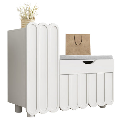 Moderner 3-Türen-Schuhschrank mit Schublade & Sitzpolster, Stilvolle Schuhbänke für Flur und Eingangsbereich, Weiß