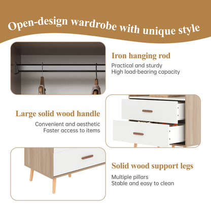 Kinderkleiderschrank, Kleiderschrank mit Kleiderstange, mit Schubladen, Vollholz Griffen, aus Spanplatte, weiß+natürliches Holz