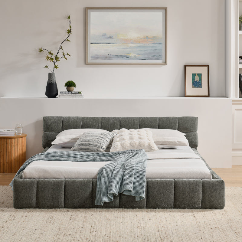 Doppelbett 160x200 cm mit Chenille Bezug Eukalyptusholz Eisenrahmen Dark Gray (ohne Matratze)