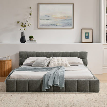 Doppelbett 160x200 cm mit Chenille Bezug Eukalyptusholz Eisenrahmen Dark Gray (ohne Matratze)