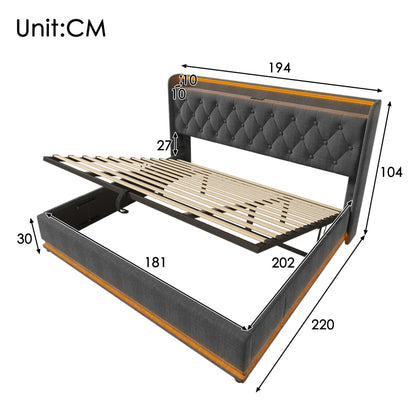 Polsterbett Doppelbett, 360-Surround-LED-Funktion, Drucktaste/App/Fernbedienung,180*200 cm,Grau Leinen-Material Hydraulisches Lagerbett, gepolstertes Kopfteil mit USB Typ-C Ladefunktion(Ohne Matratze)