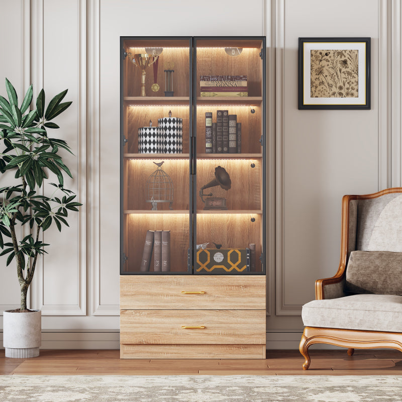 Badezimmerschrank, mittel, mit Lichtleiste, 75 cm breit, mit 2 großen Schubladen und 2 Türen, Glastür