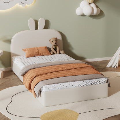 Kaninchen Kopfteil Polsterbett, Kinderbett mit Holzlatten, Einzelbett, Samt, Beige, 90x200cm