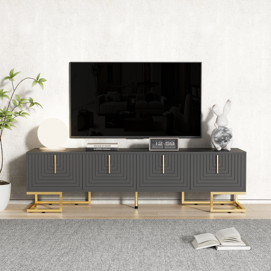 TV-Schrank,lowboard mit strukturierter Tür, TV-Möbel, goldenen Griffen und goldenen Füßen.