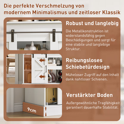 Kaffeebar 120 cm mit Gläserhalter & Steckdosen, Sideboard im Landhausstil mit Schiebetüren – Weiß/Natur