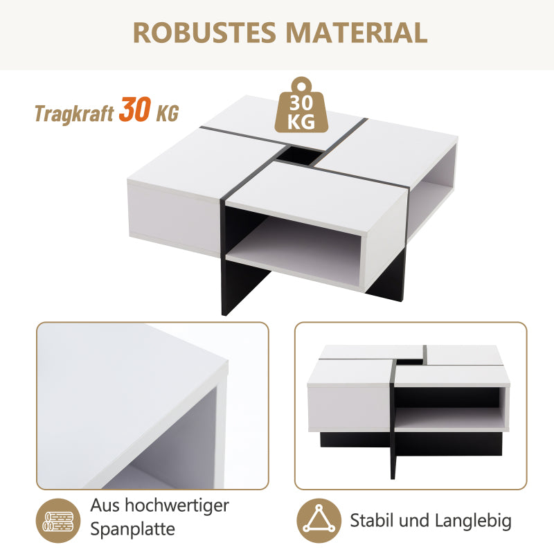 Moderner quadratischer Couchtisch 70x70x35cm – Schwarz-Weiß Design, 5 offene Fächer, mittleres Staufach 10x10cm, stabiler 30KG Tragkraft,Weißer quadratischer Couchtisch