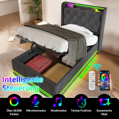 Polsterbett einzelbett,360-Surround-LED-Funktion, Drucktaste/App/Fernbedienung,90*200 cm, Grau Leinen-Material Hydraulisches Lagerbett, gepolstertes Kopfteil mit USB Typ-C Ladefunktion (Ohne Matratze)