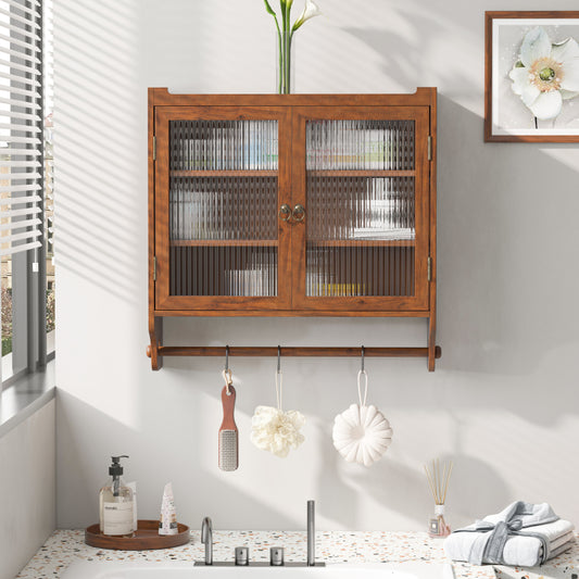 63CM Glass Door Vintage Double Door Wall Cabinet with Three Tiers of Storage with Towel Rack, for Bathroom, Kitchen,Dining Room,Brown