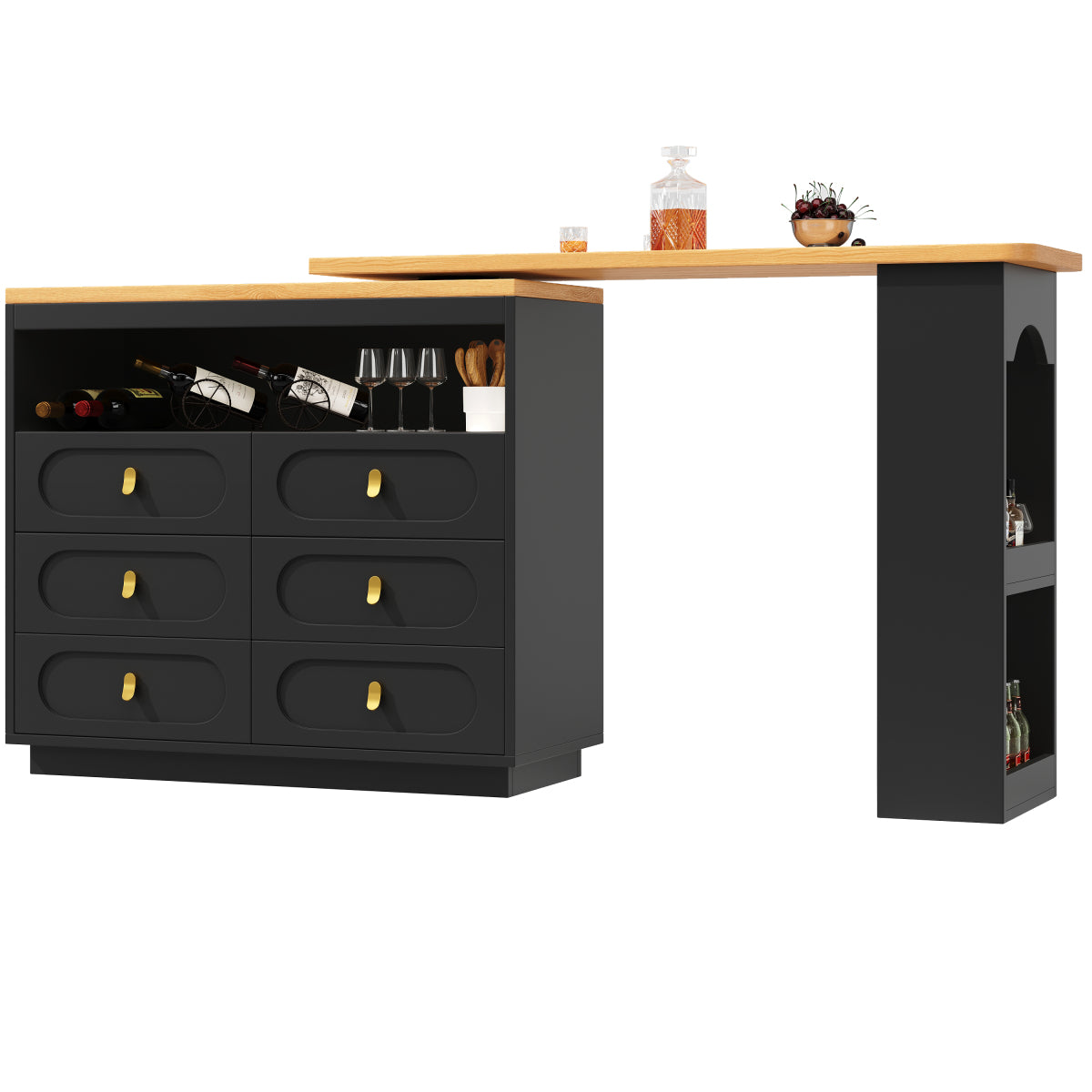 Bartisch ausziehbar 138-203cm, 360° drehbarer Stehtisch mit 6 Schubladen & Snack-Regal, moderner Küchentisch, Schreibtisch & Bar, Schwarz