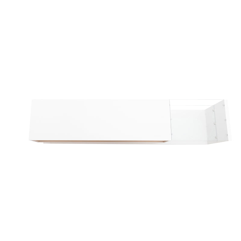 TV-Schränke, niedrige Paneele, hochglänzende weiße Glastrennwände und variable LED-Beleuchtung. Es verbindet natürlichen, rustikalen Stil mit modernem Design.