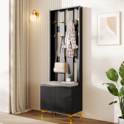 Hoher Garderobenschrank mit Wellentüren, Push-to-Open, verstellbaren Regalen & Goldakzenten, Schwarz, 60,5×35,2×180,5 cm