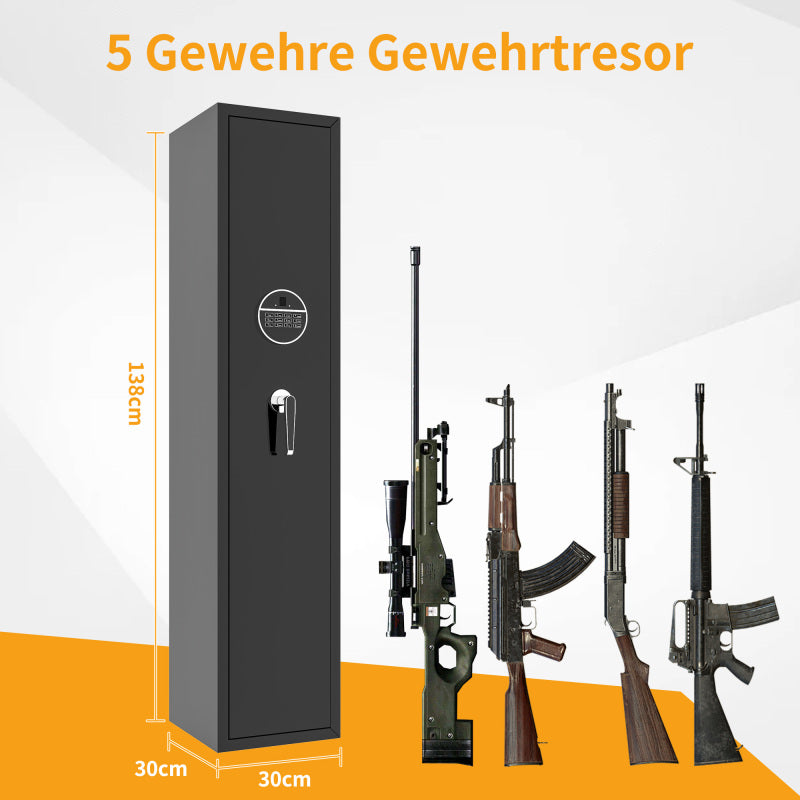 Gewehrschrank für 5 Langwaffen, Gewehrsafe für Gewehre und Pistolen, Schrotflinten-Safe, Schnellzugriff. Geeignet zur sicheren Aufbewahrung von Langwaffen und Schuss. H 138 cm × B 30 cm × T 30 cm