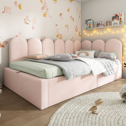 Polsterbett Daybett,Tagesbett Schlafsofa mit hydraulischem Stauraum, Kinderbett mit Metall-Lattenrost, Samt, Rosa, ohne Matratze