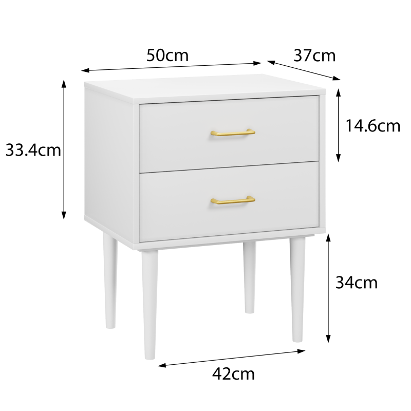 Weißer Nachttisch mit 2-Schubladen, Schlafzimmer Nachttisch, moderner Nachttisch mit Holzbeinen,1 Stück