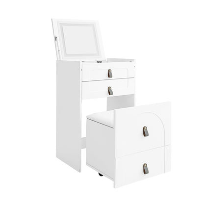 Schminktisch(Enthält Make-up-Hocker), Multifunktionaler Aufbewahrungshocker Nachttisch, mit Spiegel und LED-Beleuchtung, mit 3 Schubladen,Weiß