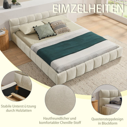 Doppelbett 140x200 cm, Bett mit seidig weichem Chenille - Bezug, quadratischem Steppdesign, Beige (ohne Matratze)
