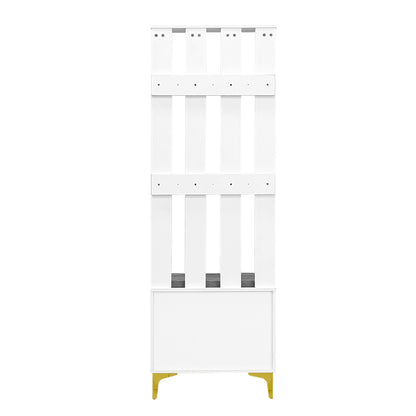 Hoher Garderobenschrank mit Wellentüren, Push-to-Open, verstellbaren Regalen & Goldakzenten, Weiß, 60,5×35,2×180,5 cm