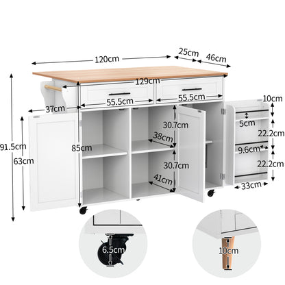 129x46(71)x91,5 cm großer Speisewagen/Sideboard, Arbeitsplatte mit Massivholzmaserung + Weiß Schrank/faltbare Arbeitsplatte/Aufbewahrungstür-Design/Räder/Massivholzfüße umschaltbar/für Zuhause geeig