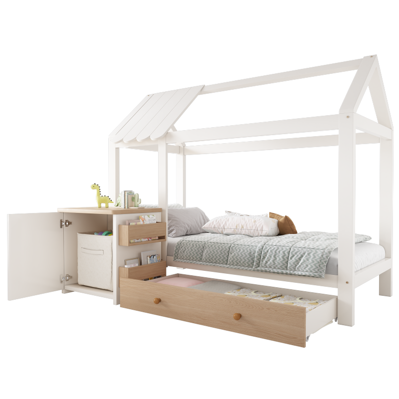 Hausbett Kinderbett 90x200 cm aus Massivholz mit Schubladen & abnehmbarem Nachttisch - Bodenbett in Weiß und Eichenweiß, ohne Matratze
