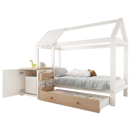 Hausbett Kinderbett 90x200 cm aus Massivholz mit Schubladen & abnehmbarem Nachttisch - Bodenbett in Weiß und Eichenweiß, ohne Matratze